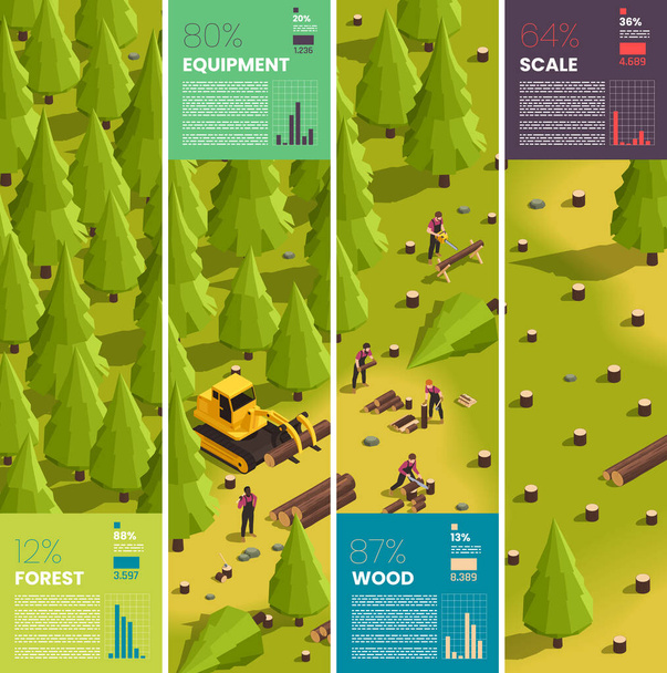 Infografías de deforestación isométricas con equipo de corte de madera e ilustración vectorial de trabajadores de la madera - Vector, imagen