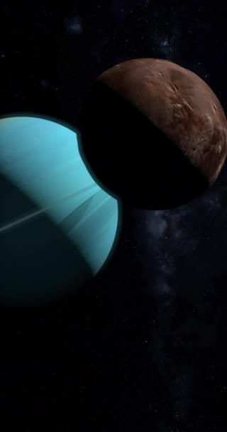 Puck kreist im Weltraum um den Planeten Uranus. 4K Vertikal - Filmmaterial, Video