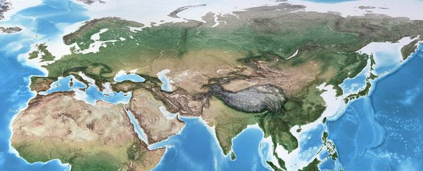 Eurázsia, Európa és Ázsia fizikai térképe. Kilapított műholdas kép a Föld bolygóról. 3D illusztráció - Elemei ez a kép által nyújtott NASA - Fotó, kép