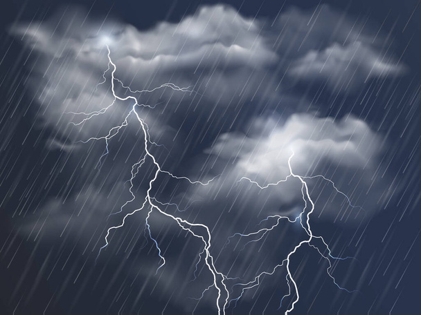 Вектор реалистичное темное бурное небо с облаками, проливным дождем и ударами молнии - Вектор,изображение