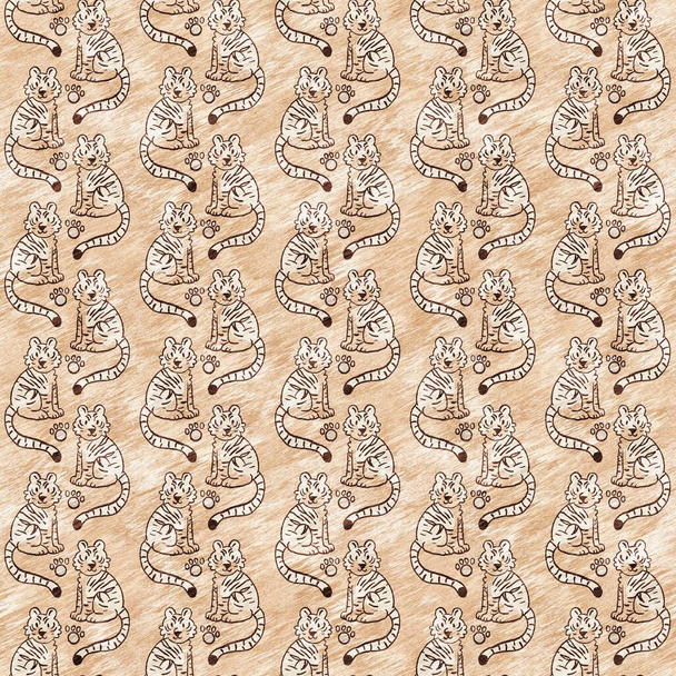 Χαριτωμένο σαφάρι άγρια τίγρη μοτίβο των ζώων για μωρά διακόσμηση δωματίου. Απρόσκοπτη μεγάλη γάτα μαλλιαρή καφέ υφή ουδέτερο σχέδιο εκτύπωσης φύλου - Φωτογραφία, εικόνα