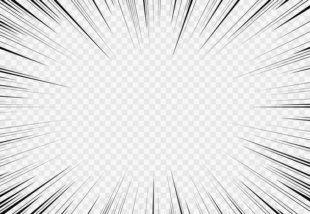 Manga transparante achtergrond, komische explosie, beweging. Abstracte monochrome rand met radiale stralen. Geïsoleerde vector anime strips boek zaklamp leeg frame. Super held gebarsten, blast gloeibalken - Vector, afbeelding