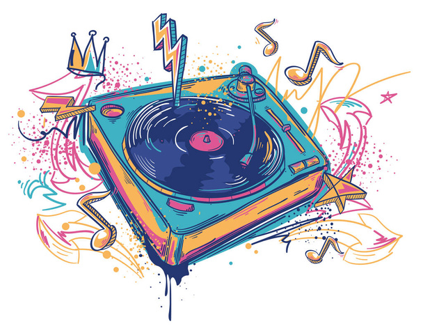 Drawn graffiti turntable and musical notes, colorful music design - Vetor, Imagem