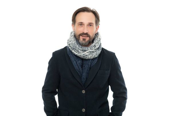 smiling man wear winter warm clothes isolated on white background. studio shot of man wearing warm clothes. man winter fashion with warm clothes. mature man in winter warm clothes. - Fotó, kép