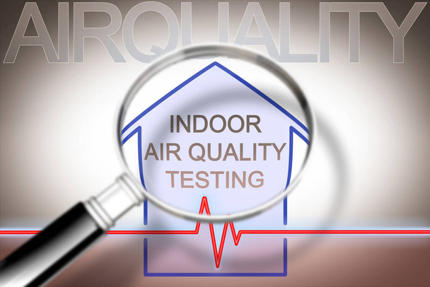 Luchtkwaliteitstests binnenshuis - concept beeld met check-up grafiek over verontreinigende stoffen binnenshuis gezien door een vergrootglas - Foto, afbeelding