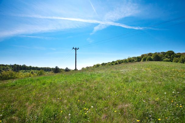 Meadow and power line against the blue sky - Φωτογραφία, εικόνα