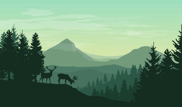Vector atmospheric landscape with silhouettes of mountains, hills, forest and two deers  - Vector, Image