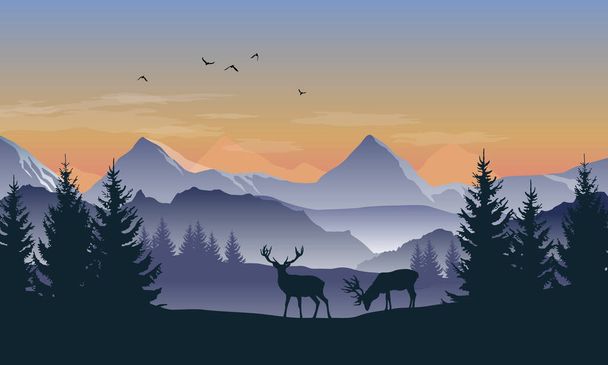 Vektorblaue und orangefarbene Landschaft mit Blick auf den Sonnenuntergang, Silhouetten von Bergen, Hügeln und Wäldern und zwei Hirschen - Vektor, Bild