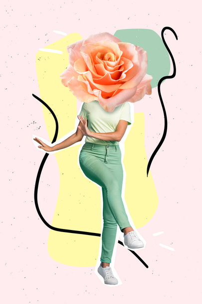 Creative drawing collage picture of beautiful young woman rose instead head dancing have fun 8 march feel freshness pinup 3d pop sketch. - 写真・画像