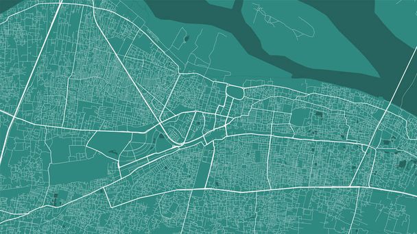 Mapa de fondo vectorial de área de Patna verde oscuro, carreteras e ilustración del agua. Proporción de pantalla ancha, hoja de ruta digital de diseño plano. - Vector, Imagen
