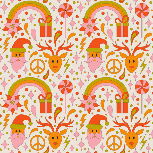 Seamless pattern with retro 70s style Christmas elements with poinsettia flower and a rainbow. Merry Christmas holiday. Winter simple minimalist background with peace symbol. 1970 good vibes.  - ベクター画像