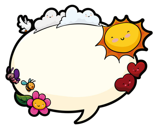 Floating speech bubble template decorated with kind and smiling sun, hearts, dove, flower, butterfly and bee to wish good greetings. - Vector, imagen