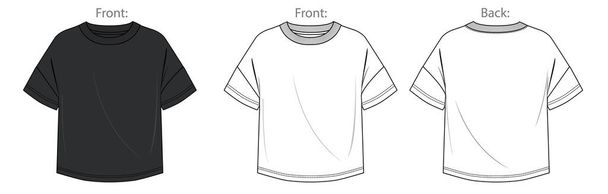 Vektorové módní CAD tričko v černé barvě, muž s krátkým rukávem nadrozměrná košile skica, muž posádka krku žebra horní technické kresby, skica, plochý. Jersey samec tee s předním, pohled zezadu, bílá barva - Vektor, obrázek