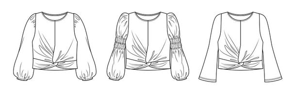 Vector long sleeved boho style top fashion CAD, woman round neck with frills and smock details blouse technical drawing, template, mock up, flat. Woven fabric tshirt with front, back view, white color - Vector, Image