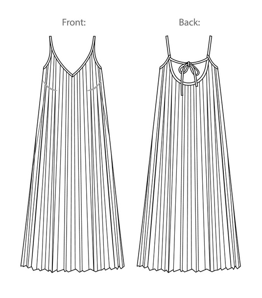 Vector maxi plisse elbise moda CAD, askısız uzun elbise teknik çizim, şablon, taslak, düz model. Jersey ya da örülmüş kumaş. Önü, arkası, beyaz renkli yaz elbisesi. - Vektör, Görsel
