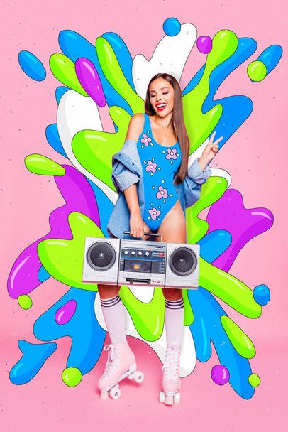 Composite collage picture image of beautiful sexy woman hold retro boombox swimsuit roller enjoy music party colors splashes summer. - Fotografie, Obrázek