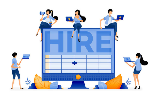 Иллюстрация соискателей работы, ищущих офисные и бухгалтерские вакансии с компьютерными навыками. Предназначен для веб-сайта, целевой страницы, флаера, баннера, приложений, брошюры, медиа-компании - Вектор,изображение