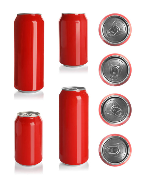 Set with aluminum beverage cans on white background - Photo, image
