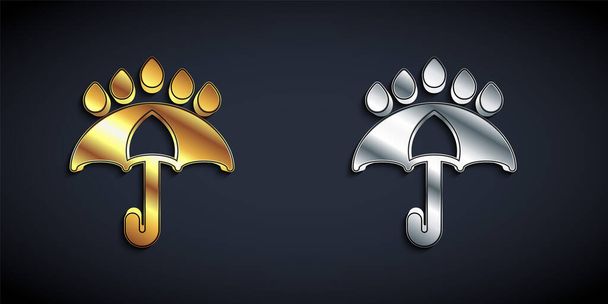 Gold and silver Umbrella and rain drops icon isolated on black background. Waterproof icon. Protection, safety, security concept. Water resistant symbol. Long shadow style. Vector. - ベクター画像