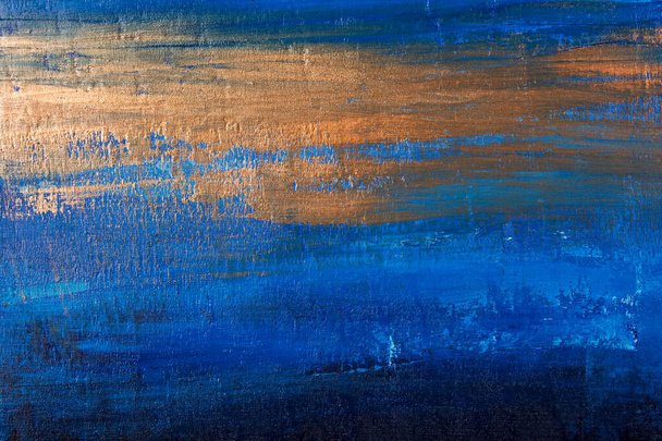 Color abstract acrylic painting background with blue and golden hand strokes - Photo, Image