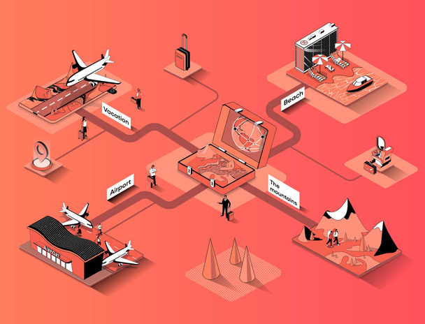 Travel vacation isometric web banner. World tourism and flights flat isometry concept. Sea cruise, beach vacation, mountain activities 3d scene design. Illustration with tiny people characters - Photo, Image
