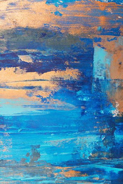 Color abstract acrylic painting background with blue and golden hand strokes - Фото, зображення