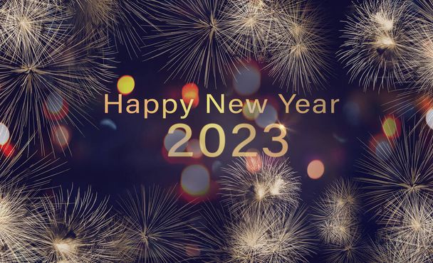 2023 Happy New Year, Colorful golden holiday festival celebration fireworks with text. - Photo, Image