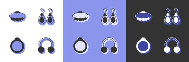 Set Piercing Armband sieraden Diamant verlovingsring en oorbellen icoon. Vector. - Vector, afbeelding