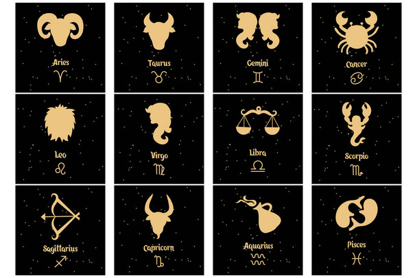 Набір знаків зодіаку, золоті знаки на чорному тлі. Піктограми гороскопа, вектор
 - Вектор, зображення