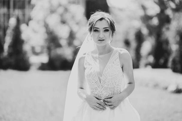 Beautiful luxury young bride in wedding dress posing in park. - Zdjęcie, obraz