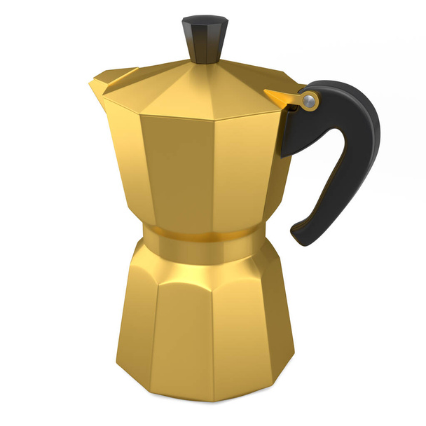 Italian geyser coffee maker a la moka on white background. 3d render of coffee pot for making espresso coffee - 写真・画像