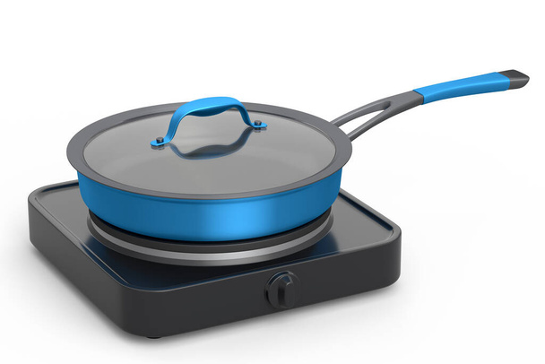 Frying pan or wok with glass lid on portable camping electric stove on white background. 3d render of non-stick kitchen utensils - Photo, Image