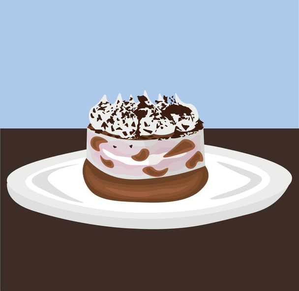 Plate with sweet tiramisu dessert on color background - Vector, Image