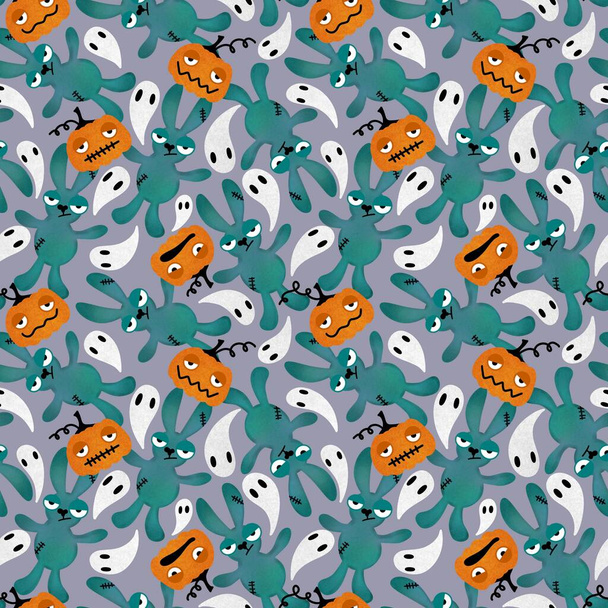 Halloween cartoon evil rabbit seamless toys doodle pattern for wrapping paper and fabrics and linens and packaging and gifts box and kids clothes print. High quality illustration - Zdjęcie, obraz