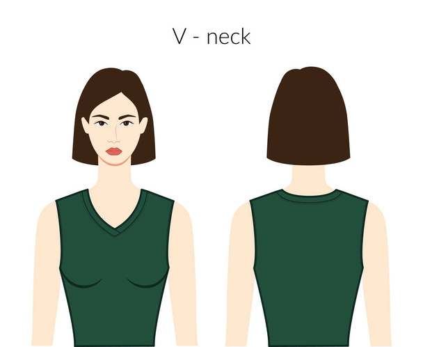 V - neckline clothes knits, sweaters character beautiful lady in emerald top, shirt, dress technical fashion illustration fitted. Flat apparel template front, back sides. Women, men unisex CAD mockup - Vector, Image
