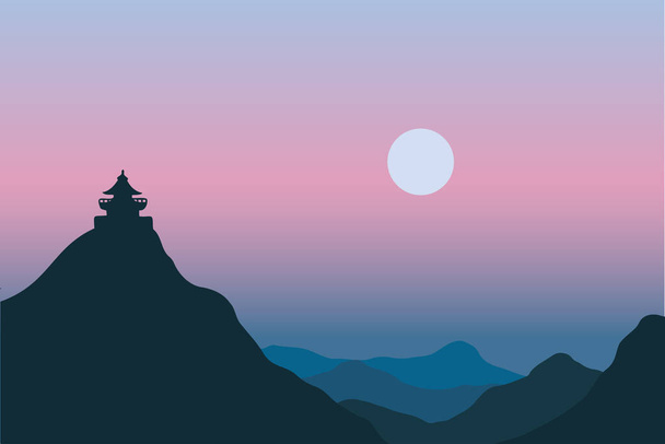 silhouette du temple sur la montagne au coucher du soleil - Vecteur, image
