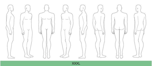 XXXL男性ファッションテンプレートのセット余分な大9頭サイズクロッキーオーバーサイズメンズモデル図フロント、サイド、 3-4バックビュー。ファッションデザイン、イラスト、技術的な図面のためのベクトルアウトラインの男の子 - ベクター画像