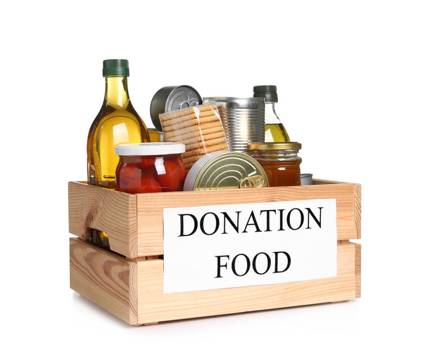 Donation crate with food isolated on white - Photo, Image