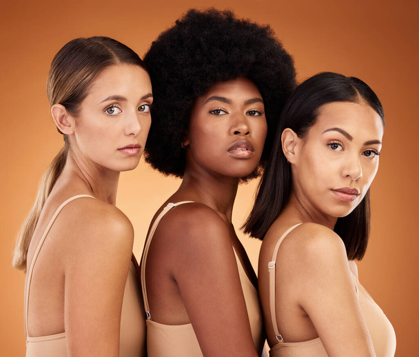 Beauty, skincare and portrait of diversity women with natural facial cosmetics, makeup product and glowing skin. Wellness, healthy body and group of people with confidence, self care and self love. - Photo, Image