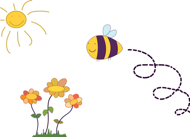 Cartoon bee flying over flowers - Wektor, obraz