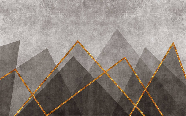 Absztrakt geometrikus szőnyeg, arany vonalak és szürke háttér, modern szőnyeg design - Fotó, kép