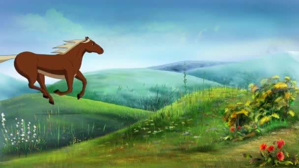 丘の上に茶色の馬のギャロップ。手作りのアニメーションHD映像、モーショングラフィックス - 映像、動画