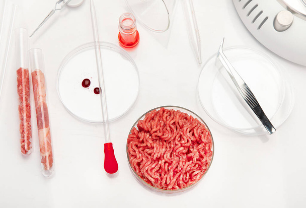 Petri dish with cultured meat in laboratory. Concept of clean meat cultured - Photo, Image