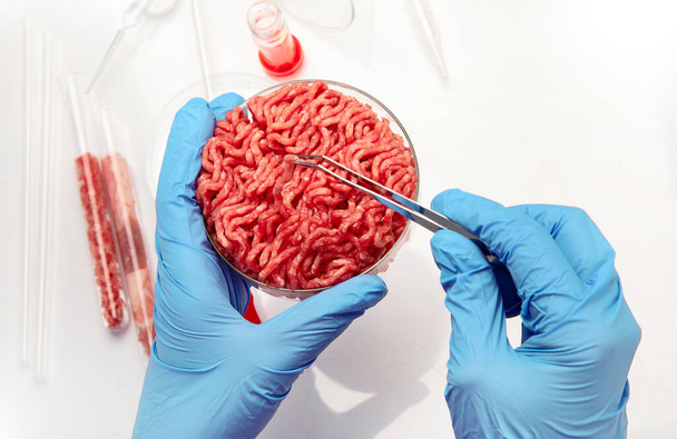 Petri dish with cultured meat in laboratory. Concept of clean meat cultured - Fotoğraf, Görsel