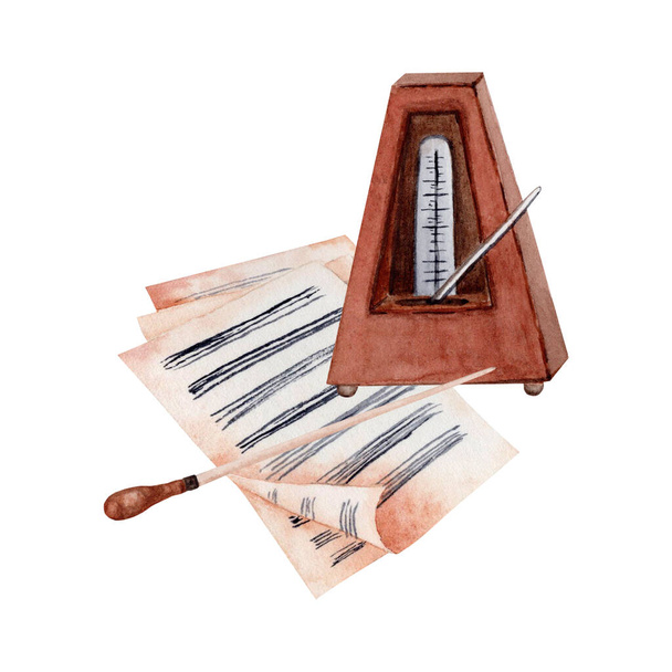 Classical Sheet Music with Conductor's Baton and Metronome watercolor illustration. Classical Music hand painted design on white background. Perfect for cards, graduation certificates, gifts for musicians and more. - Photo, Image