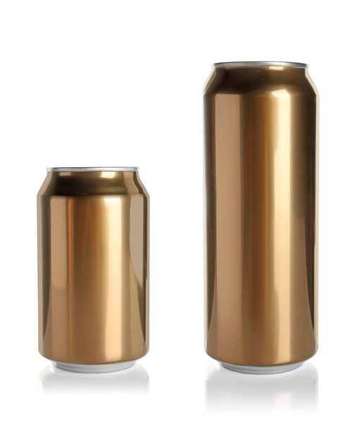 Stylish golden aluminum beverage cans on white background - Fotoğraf, Görsel