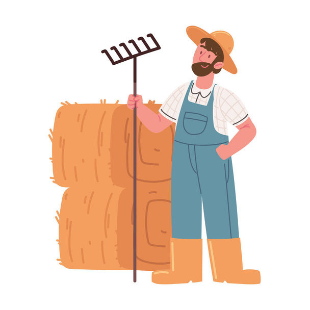 farmer with pitchfork and haystack icon isolated - Vektor, Bild