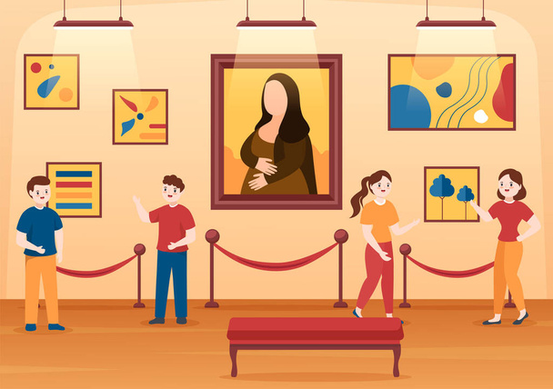 Art Gallery on Museum of Exhibition Visitors Viewing Modern Abstract Paintings at Contemporary and Photo in Flat Cartoon Hand Template Illustration - Vector, Image