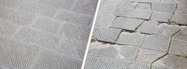 Oude en beschadigde traditionele zandstenen bestrating met nieuwe gesneden bestrating gemaakt met grijze stenen blokken in een voetgangerszone - Foto, afbeelding