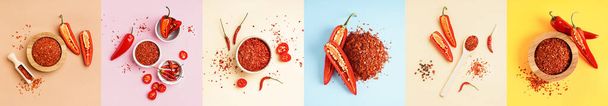 Set chili paprika pehely színes háttér, felső nézet - Fotó, kép